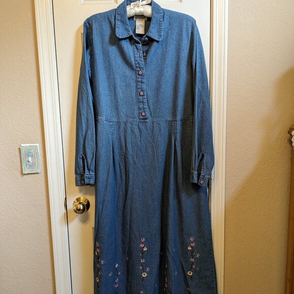 Vintage Northern Reflection Cotton Denim Embroidered Wildflower Midi Dress - Picture 1 of 13